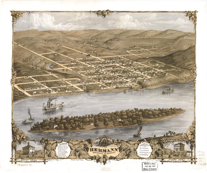 A. Ruger’s 1869 bird’s-eye map of Hermann, showing the Missouri River, hillside streets, and market-house and courthouse illustrations.